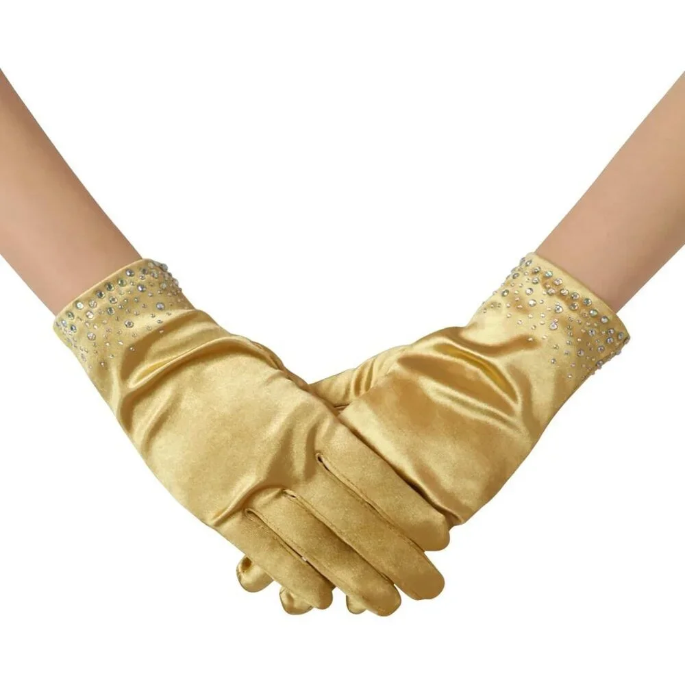 Women's Gold Sparkly Glitter Rhinestone Stretchy Satin Wrist Length Gloves